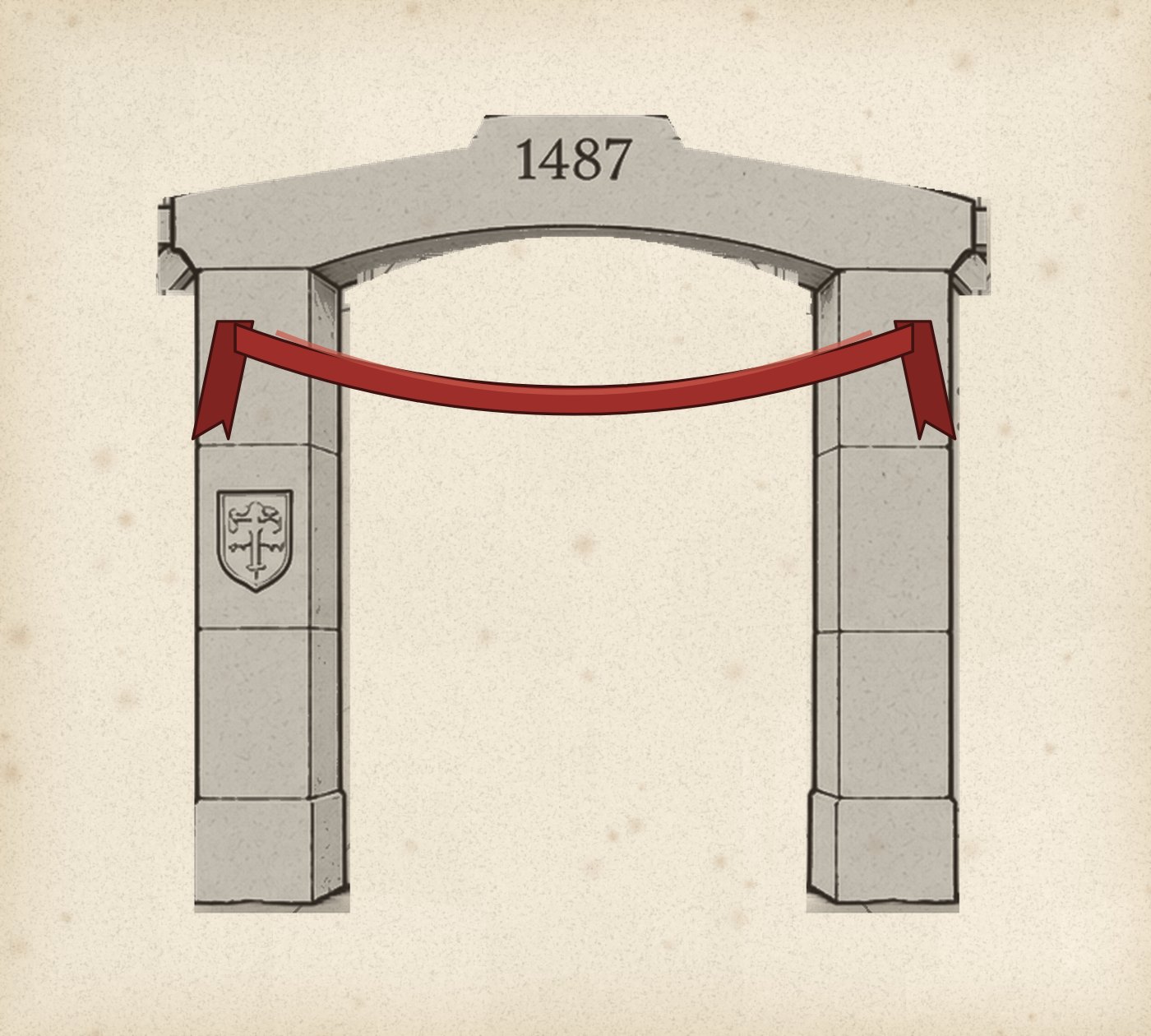 Engraving of the stone arch carved with 1487, with the red ribbon across its pillars.