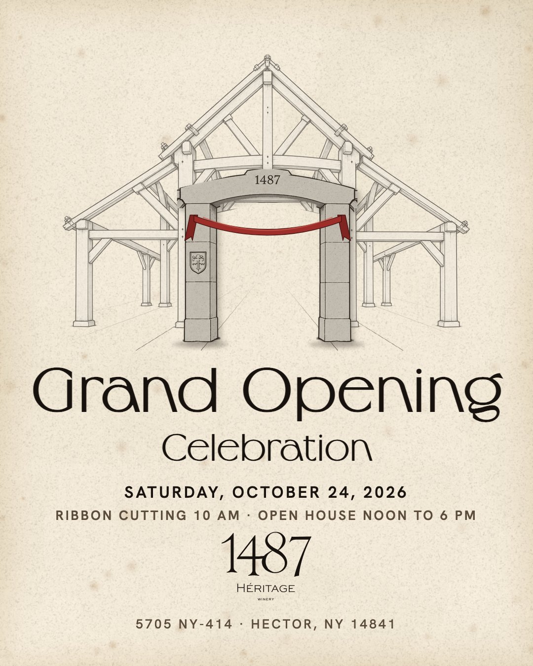 The arch of our barn with a red ribbon across its pillars. Grand Opening Celebration, Saturday, October 24, 2026. Ribbon cutting 10 AM, open house noon to 6 PM, 5705 NY-414, Hector, NY 14841.