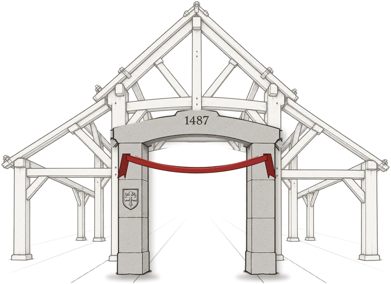 Engraving of our timber barn behind its stone arch, carved with 1487, with a red ribbon across the pillars.